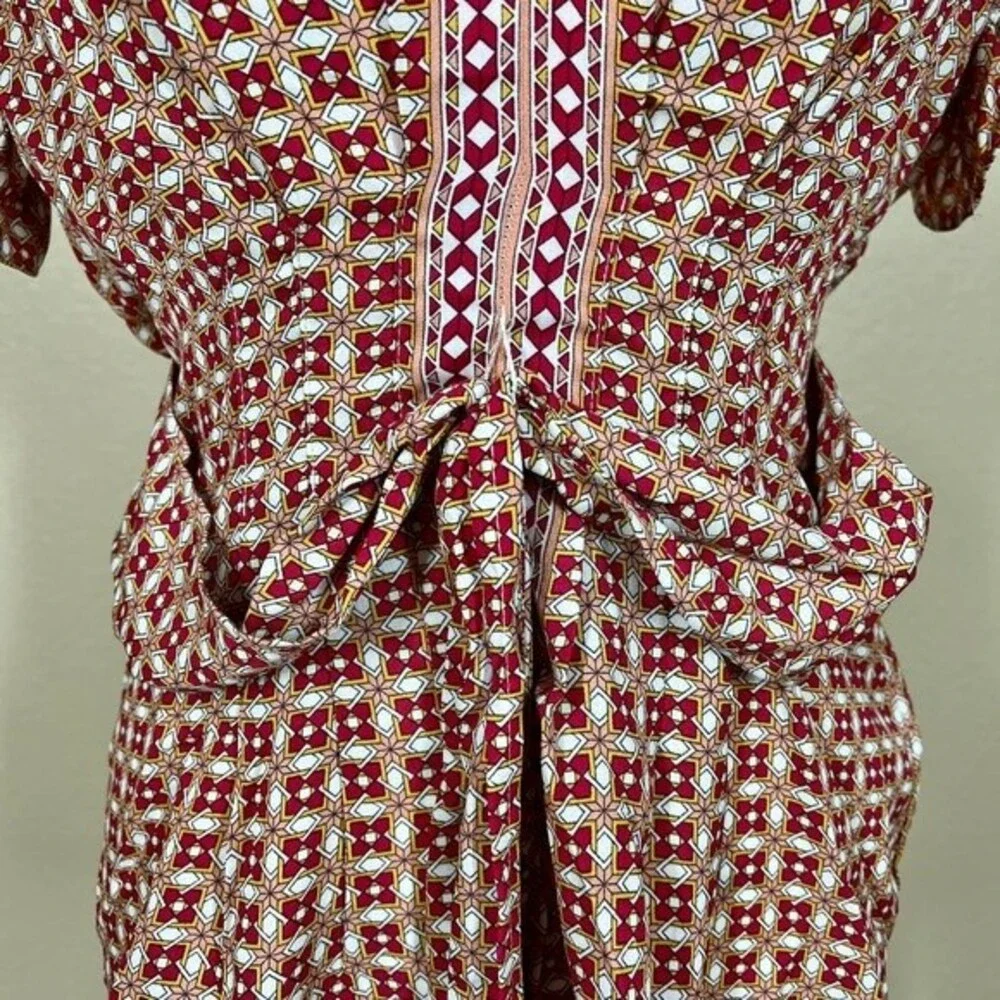 Max Studio red top  geometric flutter sleeve smock waist  front tie size XS boho